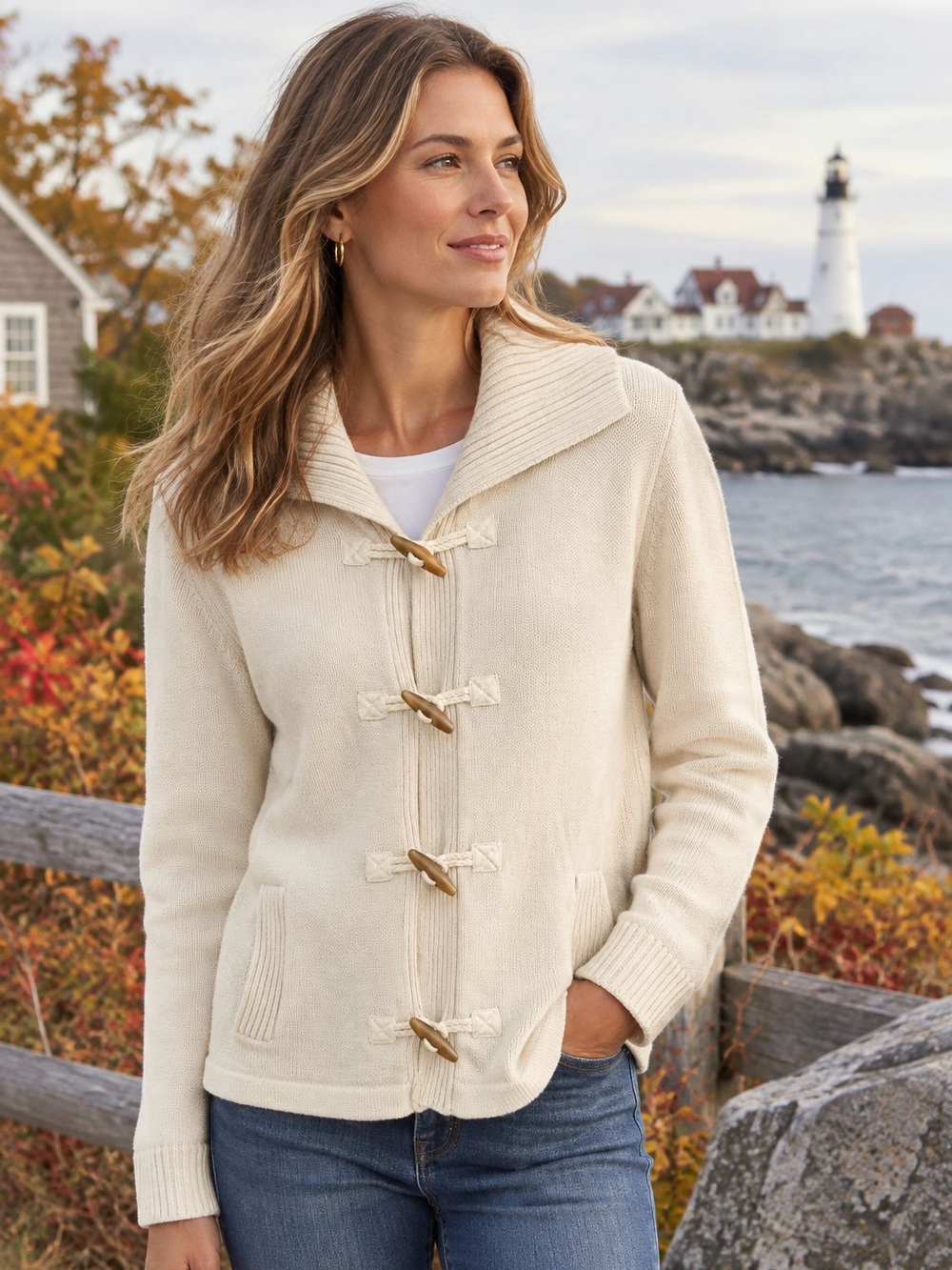 L.L. Bean Women’s 100% Cotton Toggle Cardigan Sweater Cream Size Medium Coastal